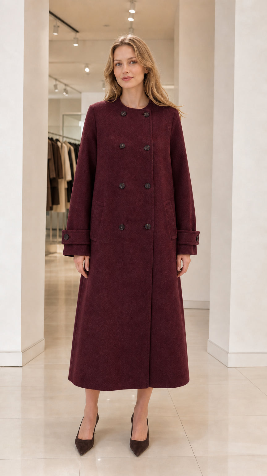 Front view of woman modeling rich burgundy red longline double-breasted coat