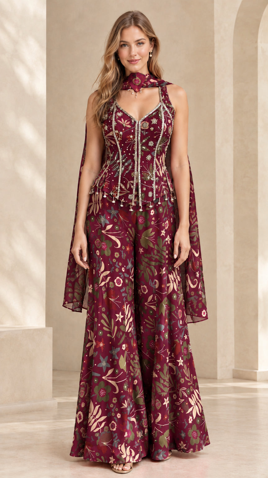 Full length view of floral corset wide-leg jumpsuit in burgundy