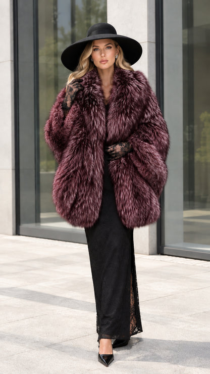 Full front view of model wearing Burgundy wine plush faux fur cocoon coat