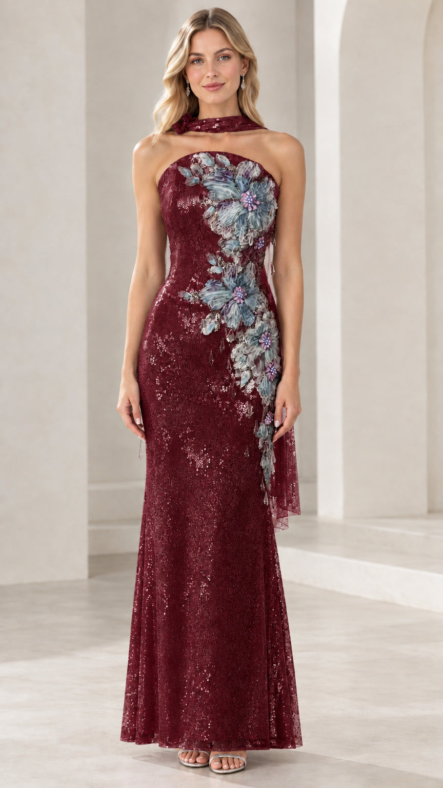 Burgundy wine strapless sequin evening gown with 3D floral accent