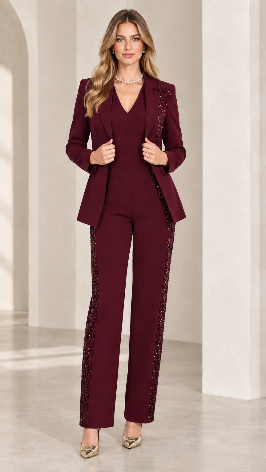 Front view of woman wearing burgundy wine red sequin-trim blazer and trousers suit set