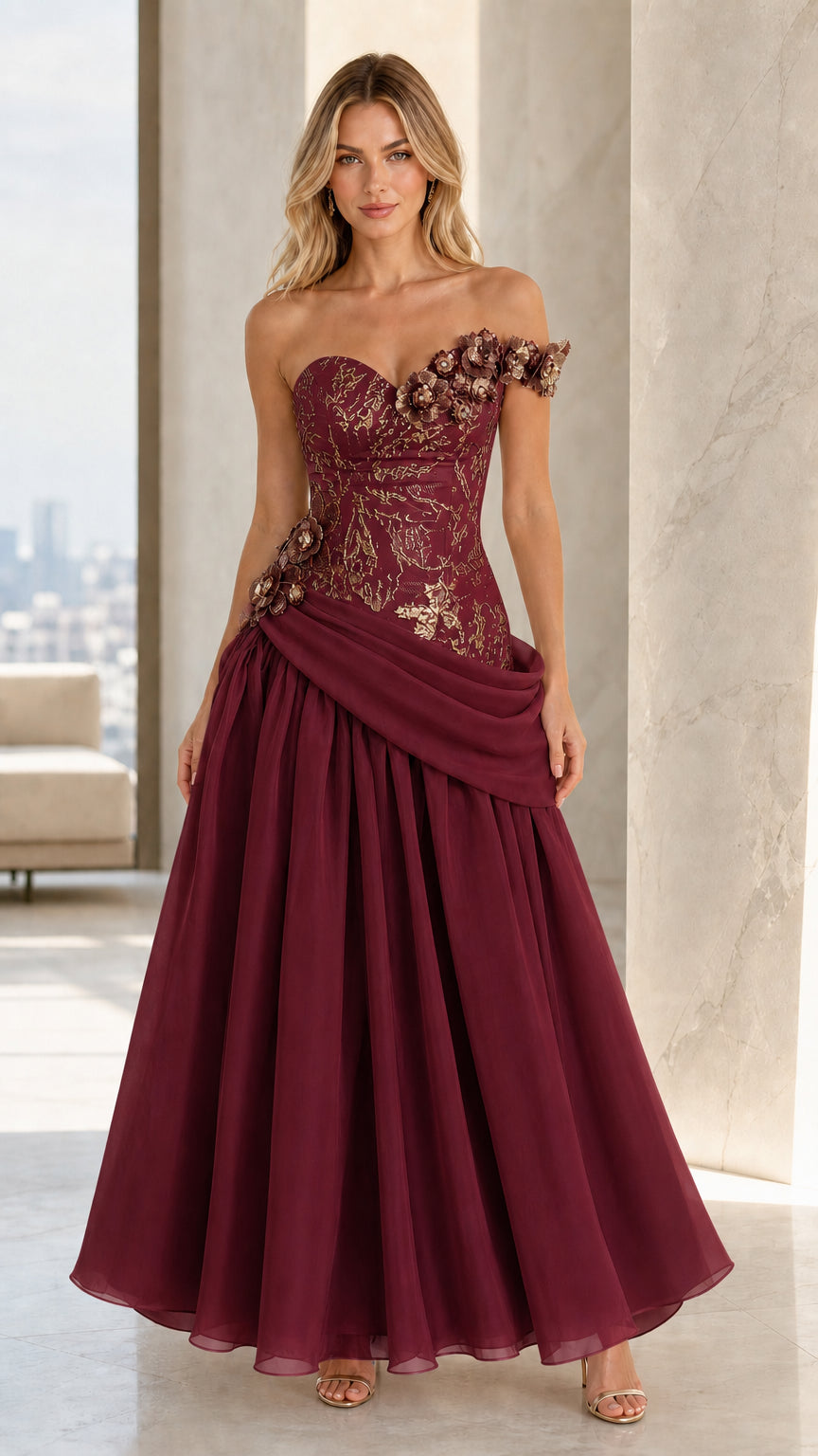 Front view of Burgundy floral appliqué corset evening gown with pleated chiffon skirt
