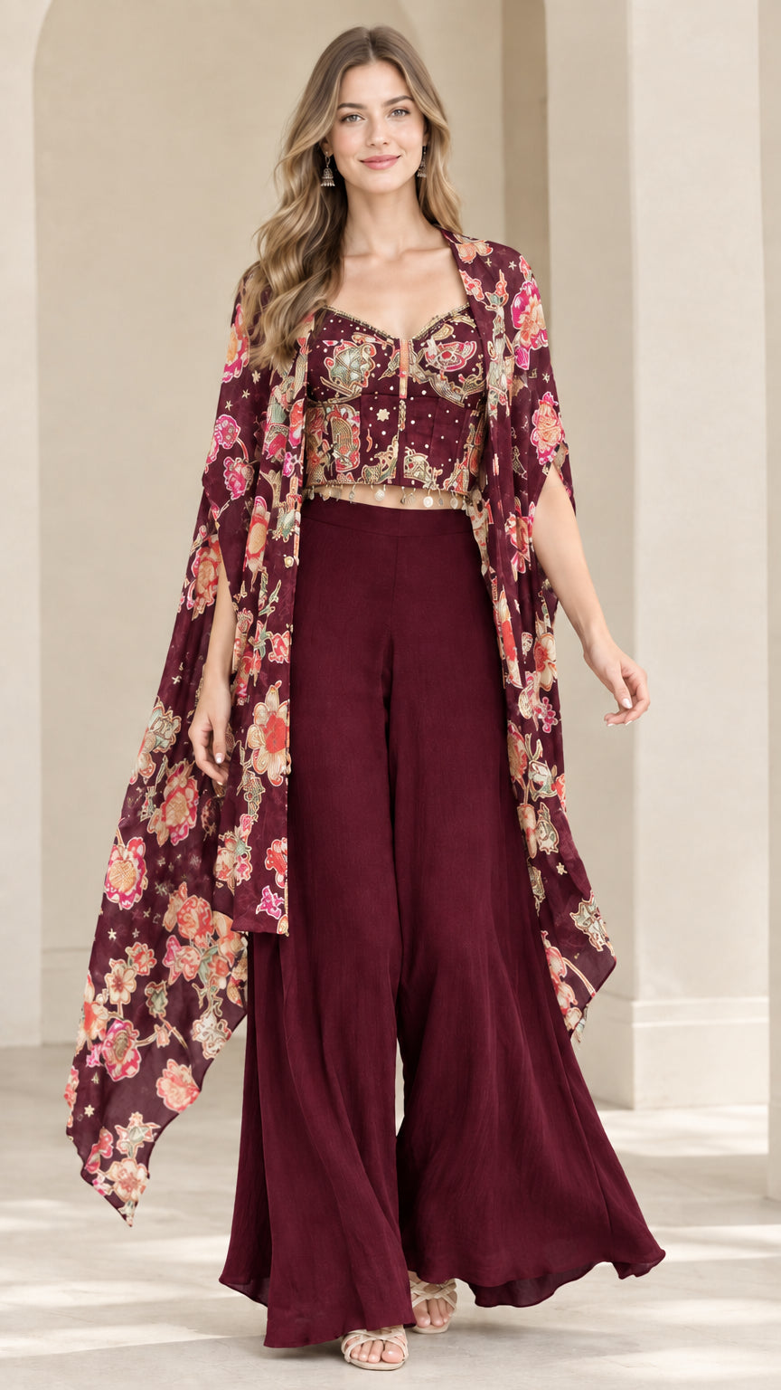 Burgundy wine floral cape and wide-leg trousers set
