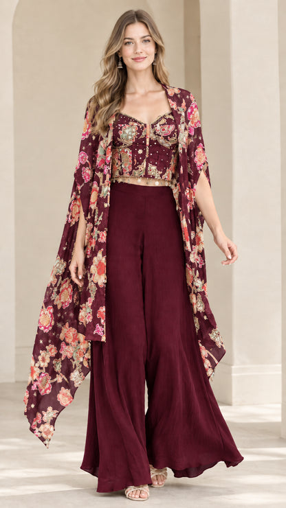 Burgundy wine floral cape and wide-leg trousers set