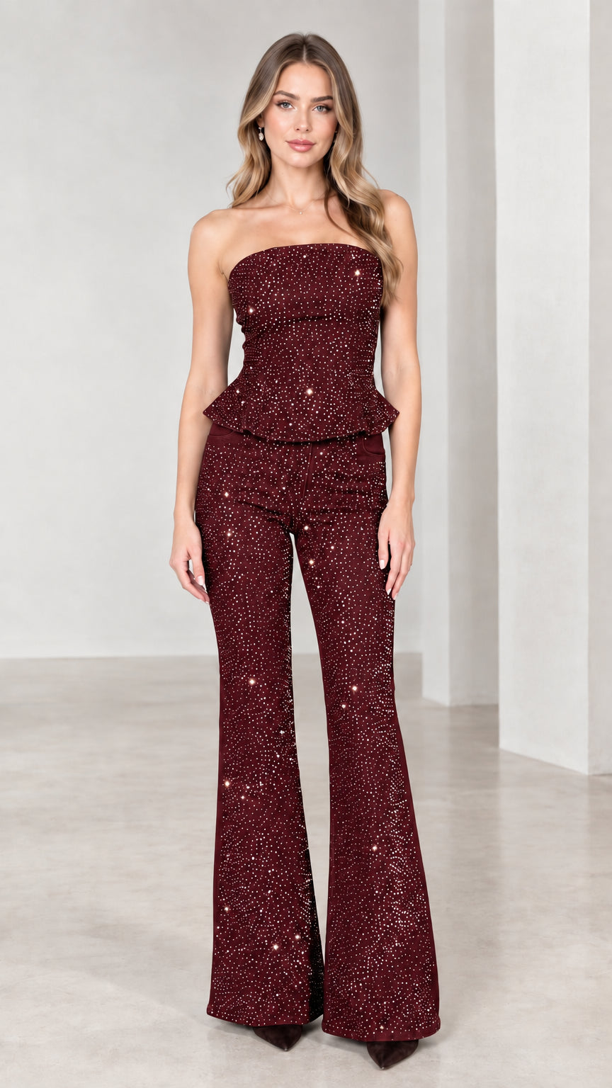 Burgundy wine red strapless rhinestone peplum top and flare pants set