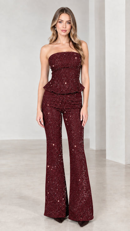 Burgundy wine red strapless rhinestone peplum top and flare pants set