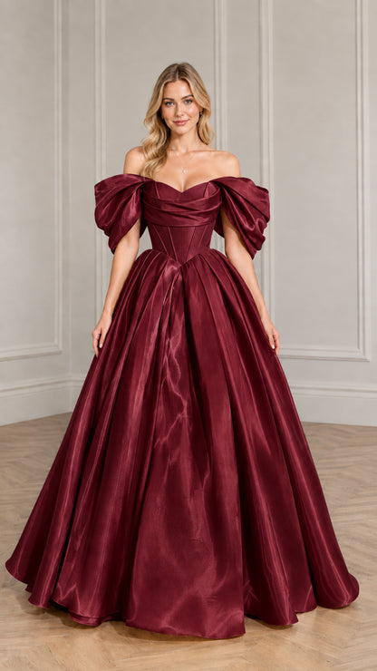 Model wearing deep burgundy wine off-the-shoulder satin ball gown