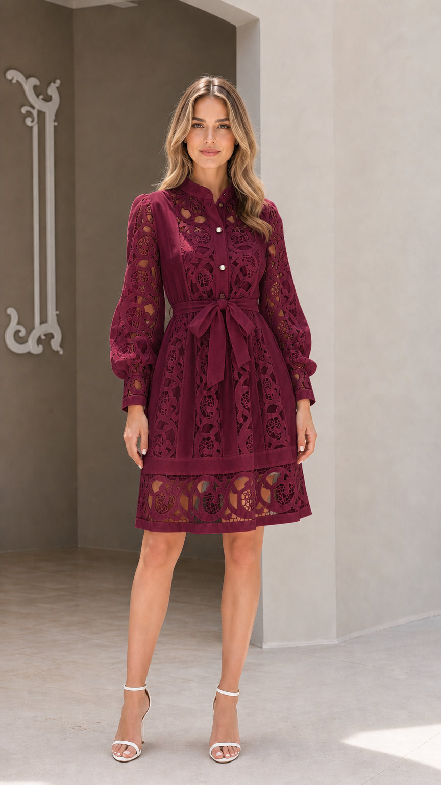 Model wearing burgundy long sleeve embroidered lace belted shirt dress