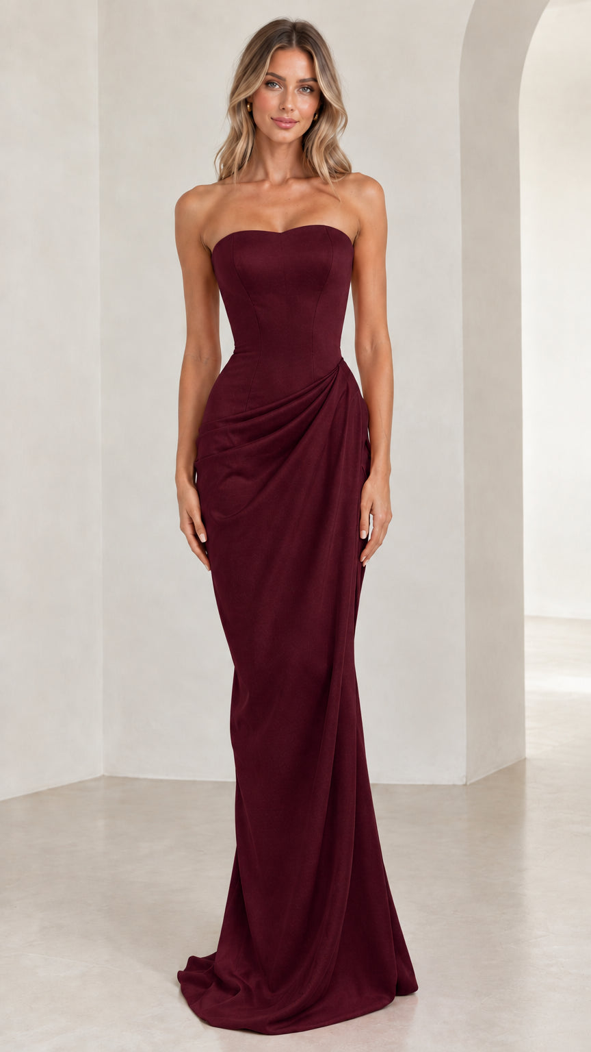 Model wearing deep burgundy strapless sweetheart formal evening gown