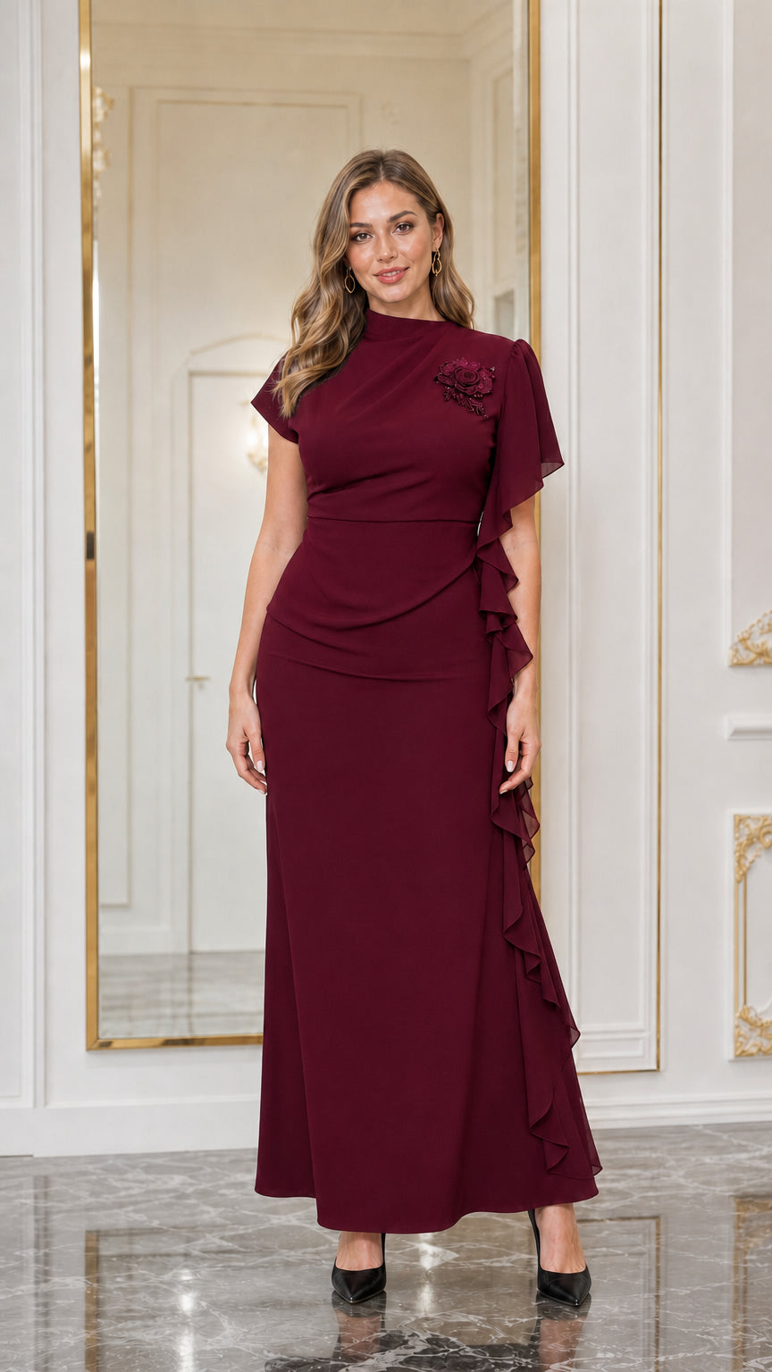 Full-length view of woman in burgundy mock neck evening dress