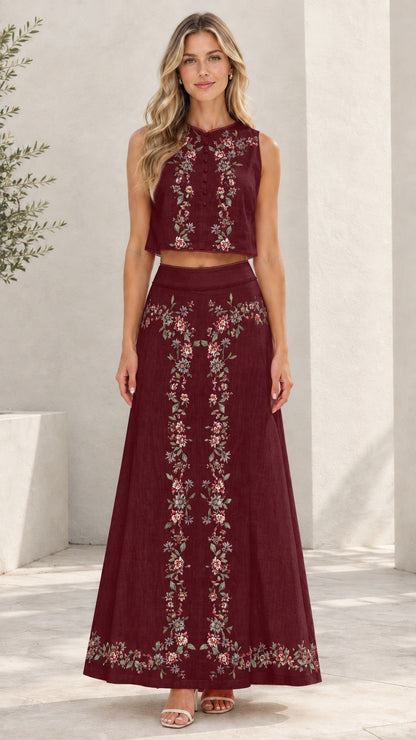 Burgundy floral embroidered sleeveless crop top and maxi skirt set