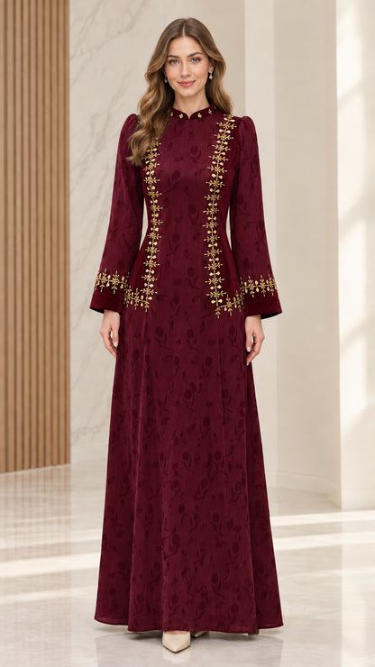 Burgundy wine red embroidered jacquard formal maxi dress