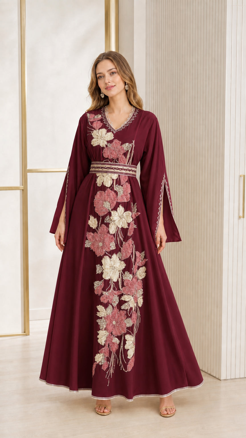 Burgundy wine red floral embroidered V-neck kaftan dress front view