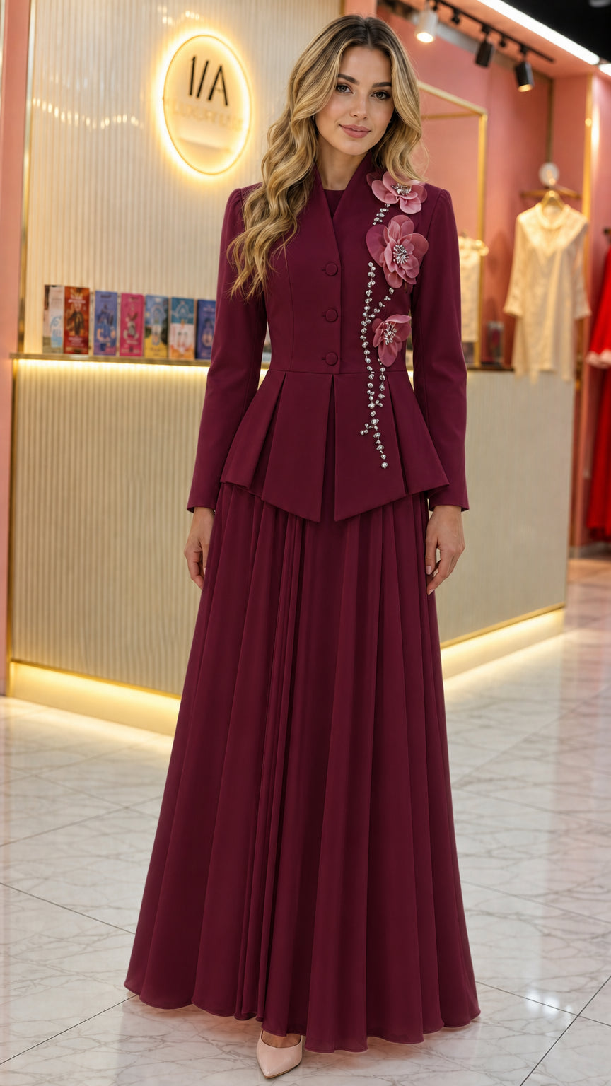 Front view of burgundy red peplum blazer and pleated maxi skirt two-piece set