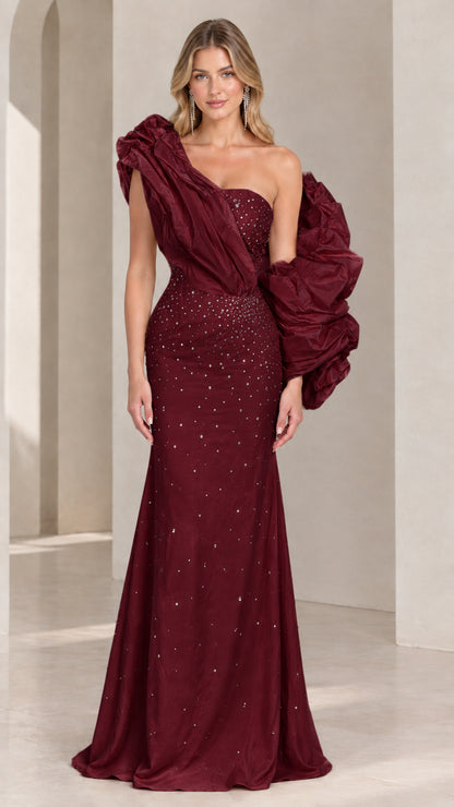 Burgundy wine red embellished one-shoulder floor-length gown