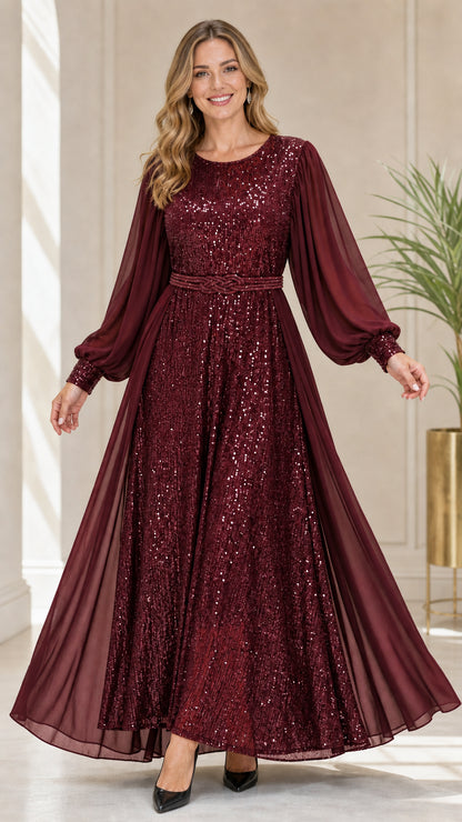 Full-length view of burgundy wine sequin long sleeve maxi dress