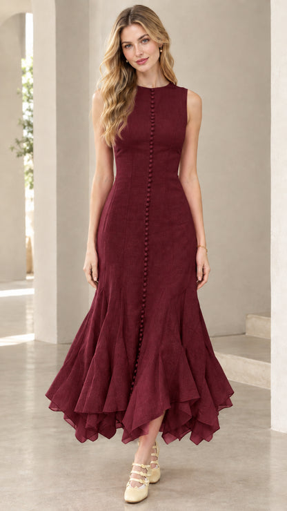 Full-length view of woman wearing burgundy sleeveless button-front mermaid midi dress