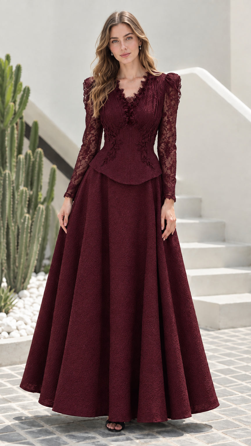 Burgundy wine long sleeve lace peplum maxi evening gown