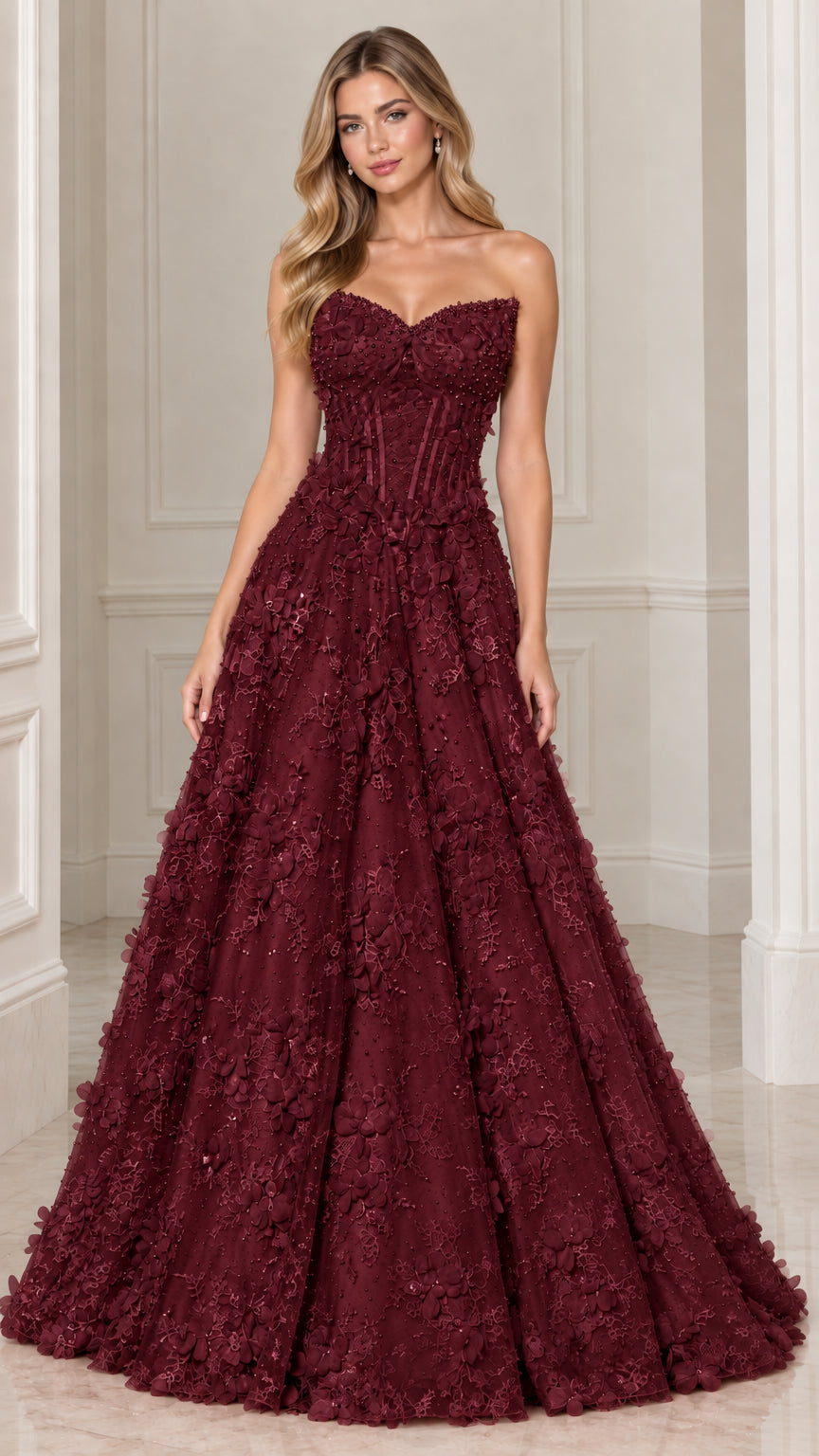 Front view of model wearing Burgundy strapless sweetheart 3D floral corset evening gown