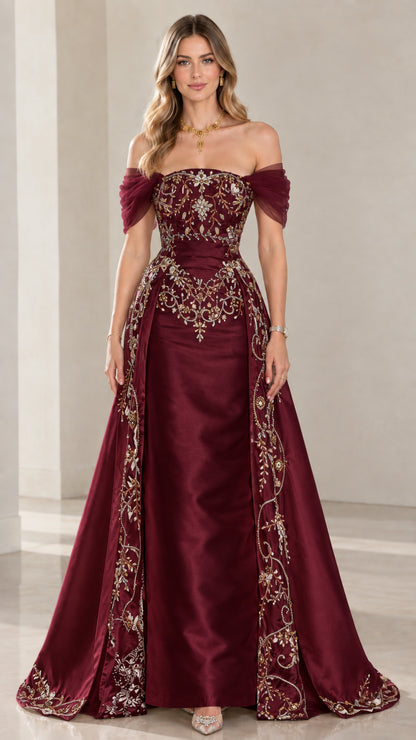 Front view of burgundy wine satin floor-length evening gown with intricate embroidery