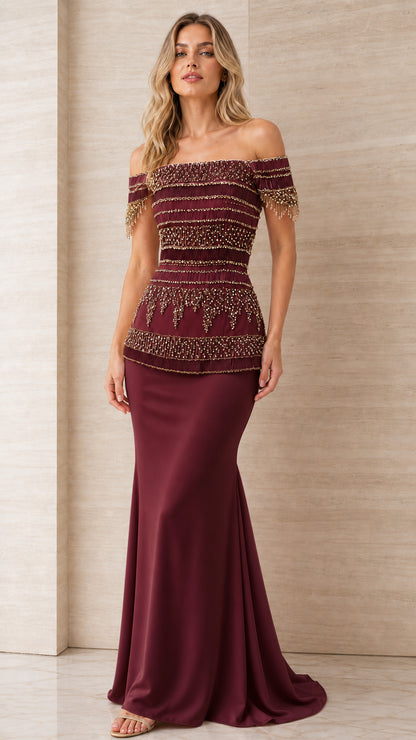 Burgundy wine off-the-shoulder beaded peplum formal gown