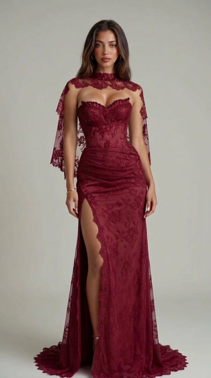 Full-length front view of burgundy lace corset evening dress with high leg slit