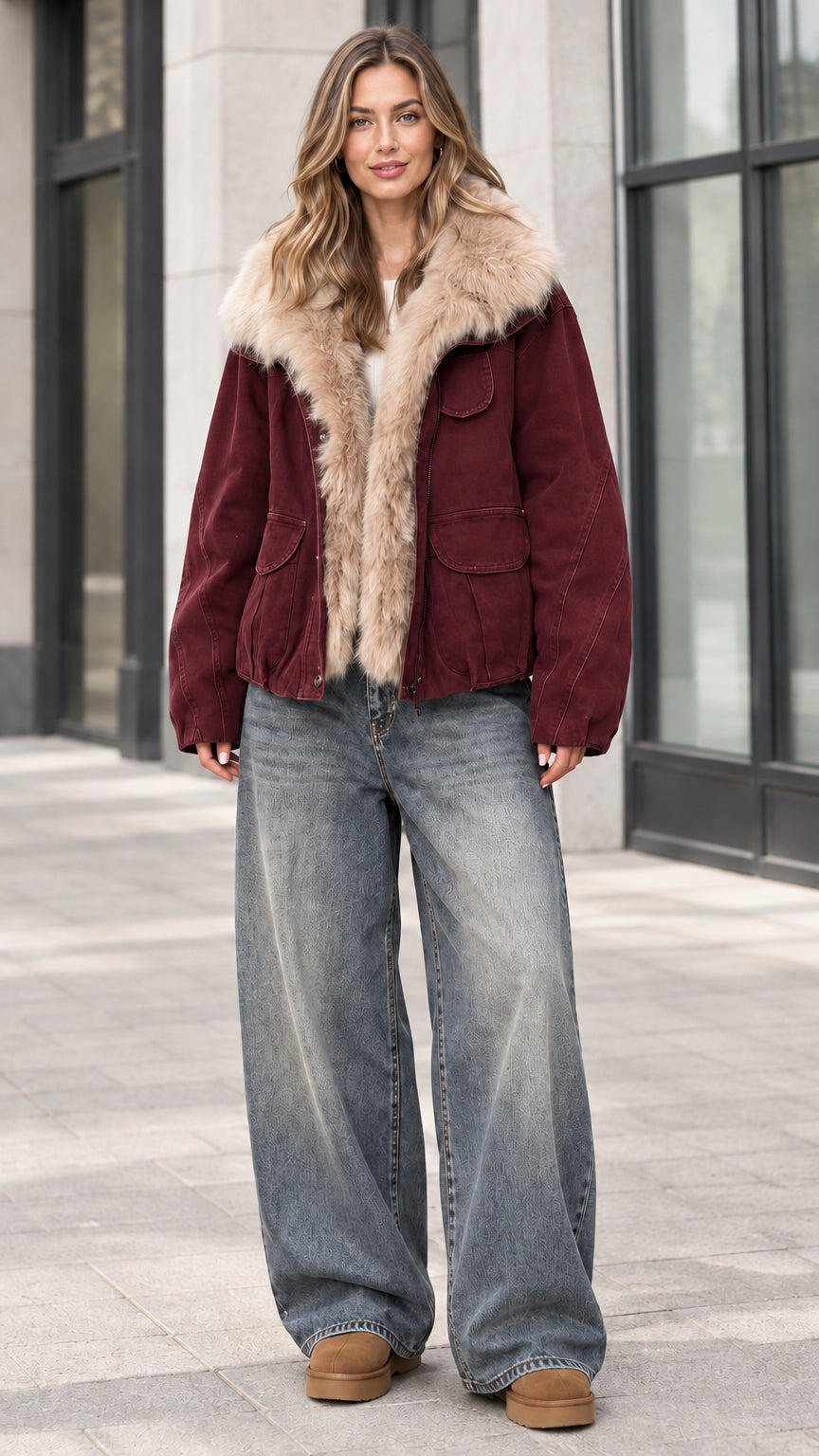 Full front view of model wearing burgundy faux fur trim winter jacket