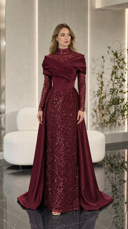 Burgundy wine red long sleeve sequin evening gown with satin overskirt