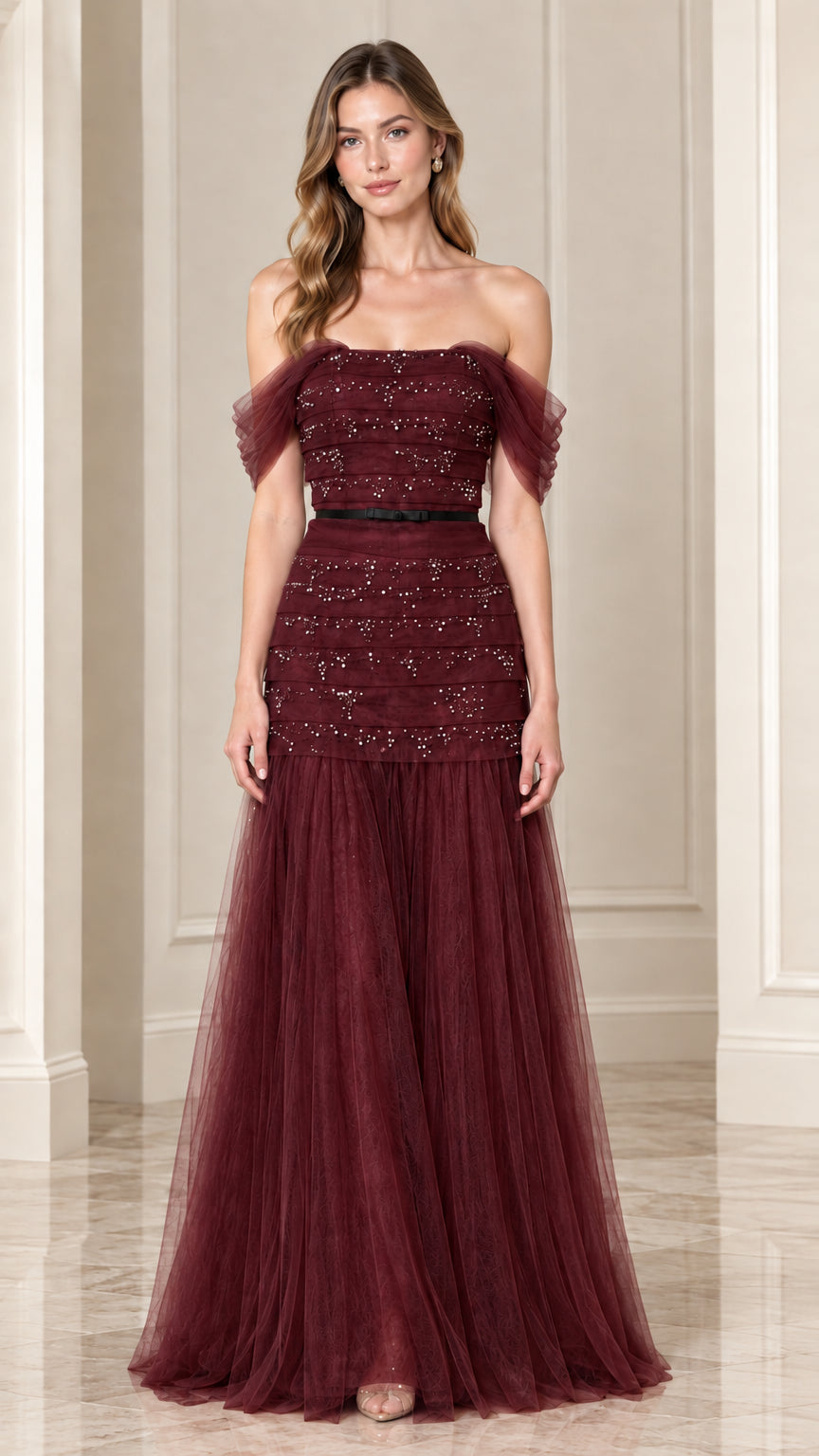 Full-length front view of burgundy wine off-the-shoulder beaded tulle evening gown