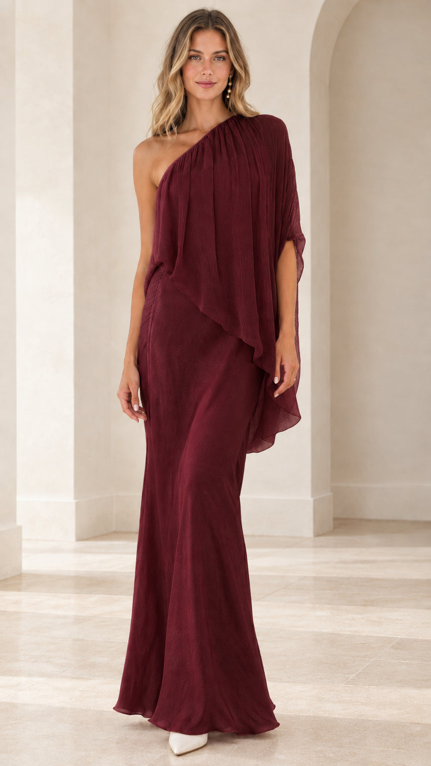 Model wearing burgundy wine one-shoulder evening gown