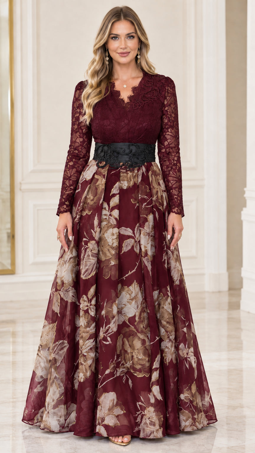 Burgundy wine red lace top floral A-line maxi gown with black beaded waistband