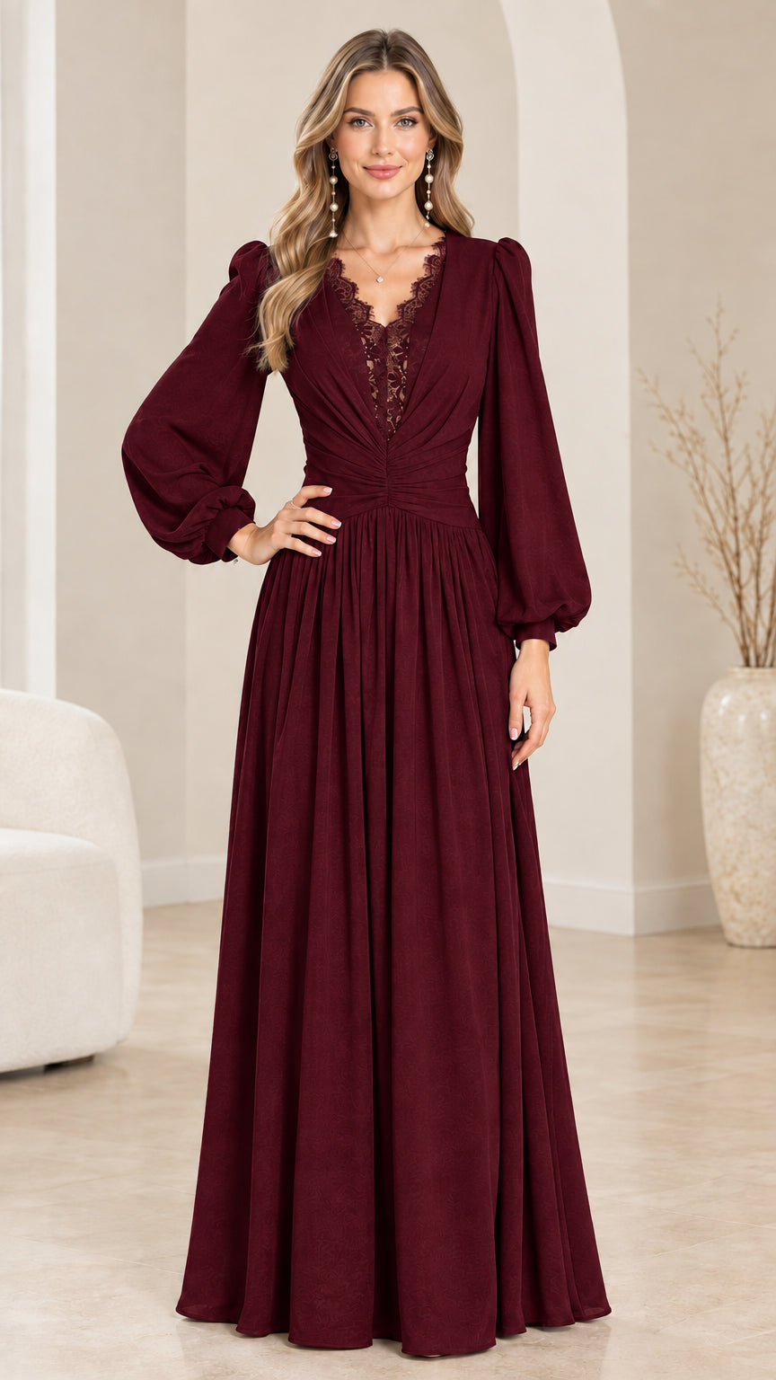 Burgundy wine long sleeve lace V-neck formal maxi dress on model
