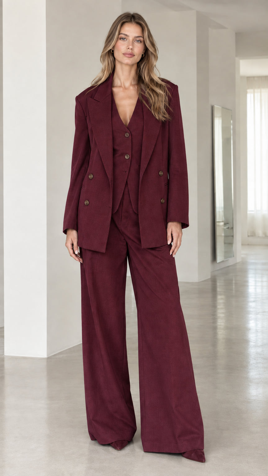 Full front view of rich burgundy wine women's 3-piece tailored suit set