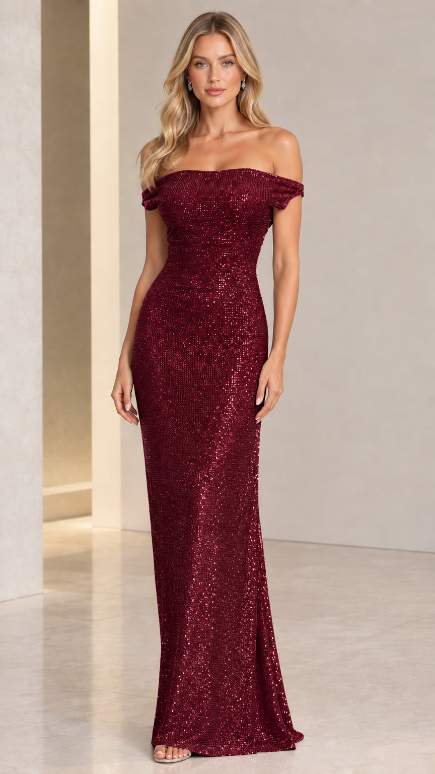Model wearing a rich burgundy off-the-shoulder sequined evening dress