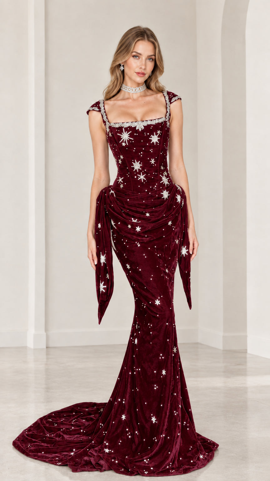 Burgundy wine red velvet star embellished formal evening dress