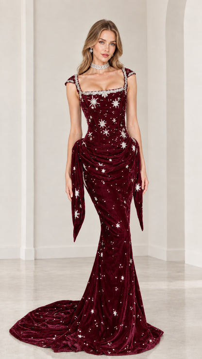 Burgundy wine red velvet star embellished formal evening dress
