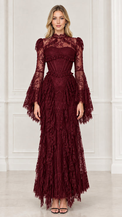 Burgundy red formal lace maxi dress with fringe detail and flared sleeves