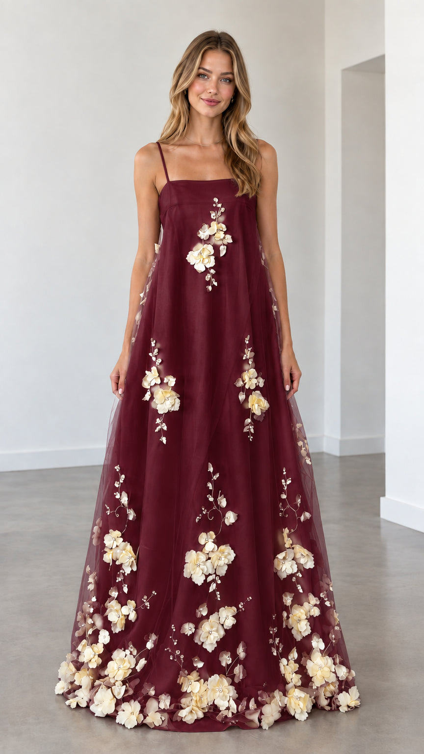 Model wearing burgundy red 3D floral applique spaghetti strap maxi dress