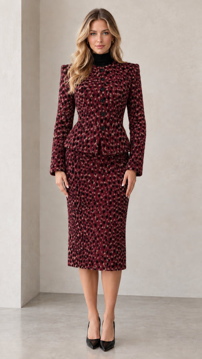 Front view of burgundy speckled peplum jacket and midi skirt set