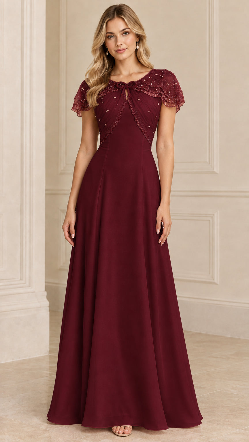 Burgundy wine red embellished capelet formal maxi gown