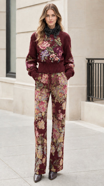 Model wearing Burgundy floral embroidered knit sweater and trousers set