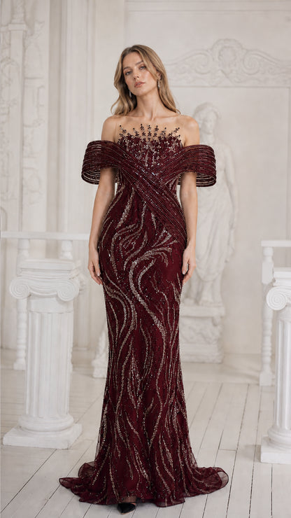 Front view of burgundy red sequined floor-length evening dress