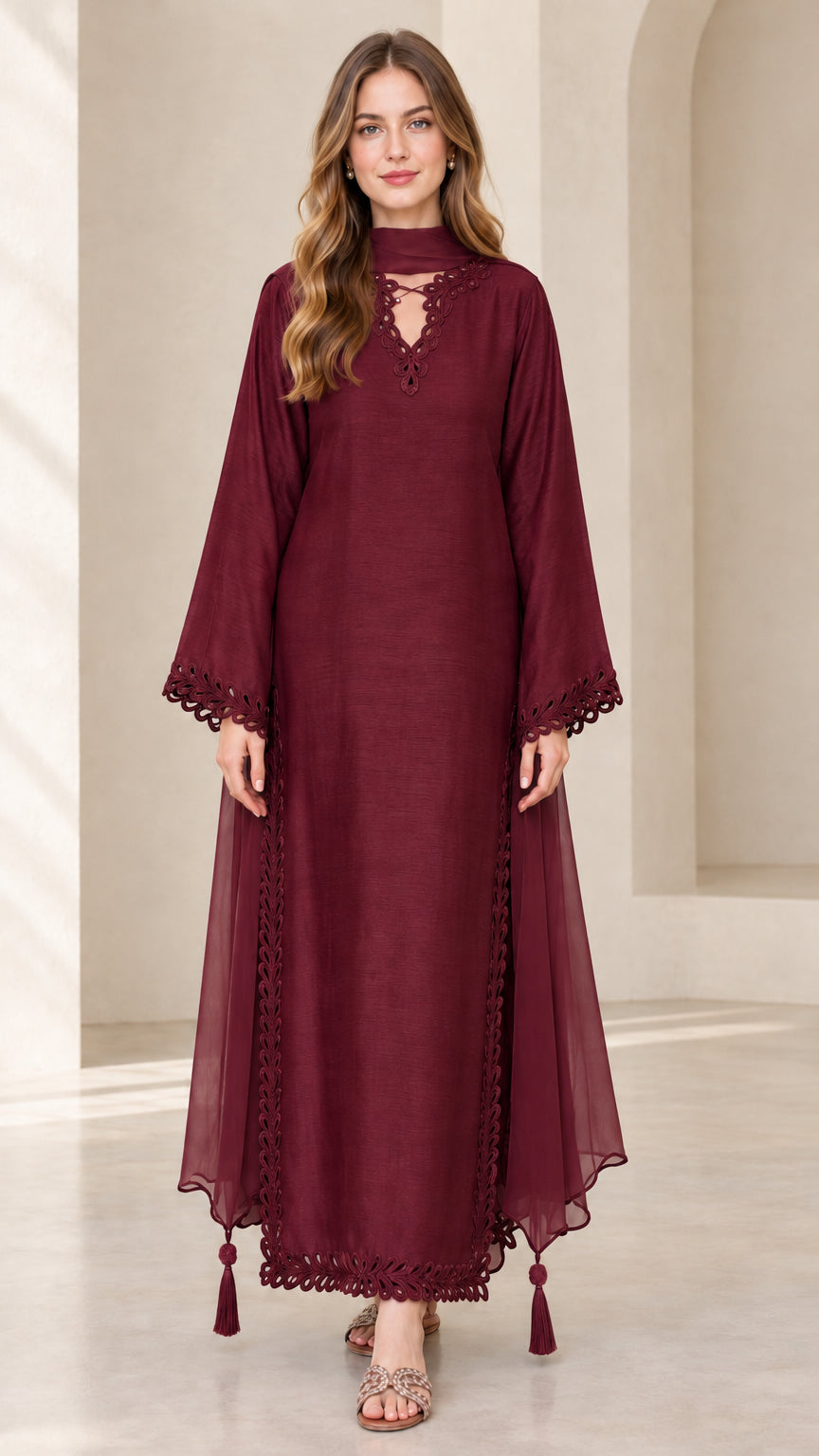 Front view of model wearing burgundy wine embroidered maxi kaftan dress