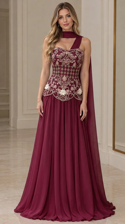 Burgundy wine red embroidered A-line formal evening dress with cape detail