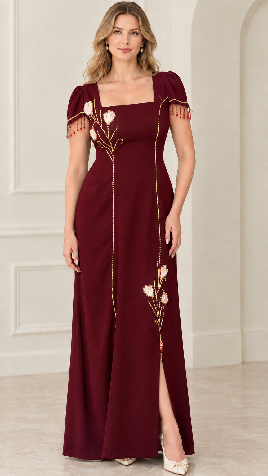 Burgundy wine red square neck formal dress with slit and beaded sleeves