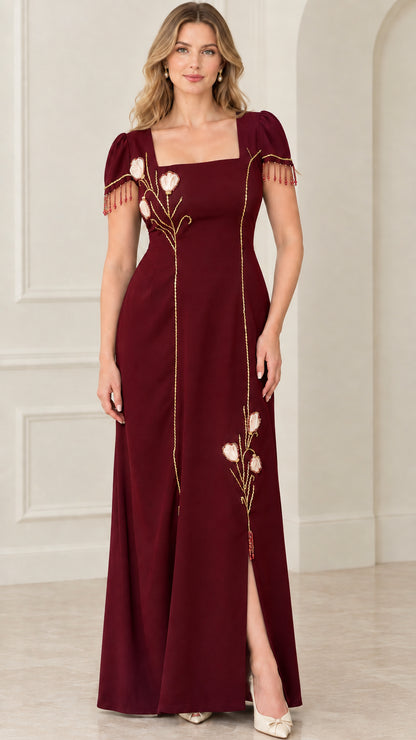 Burgundy wine red square neck formal dress with slit and beaded sleeves