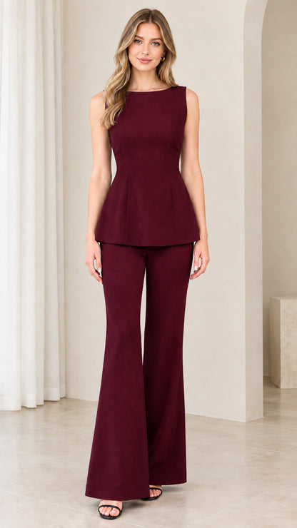 Burgundy wine sleeveless peplum top and tailored flare pant set
