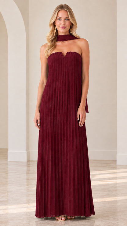 Burgundy wine red strapless pleated evening gown with matching scarf
