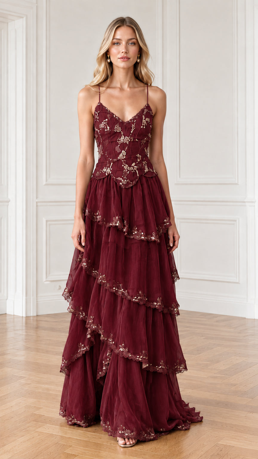 Full-length front view of burgundy wine red tiered evening dress