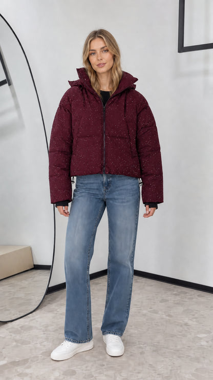 Full front view of burgundy wine shimmer cropped puffer coat